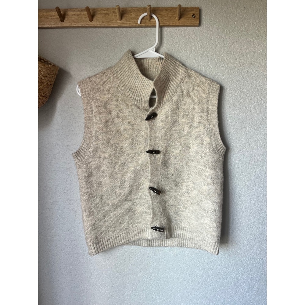Oatmeal Heather Knit Toggle Button Sweater Vest Funnel Neck Beige Medium